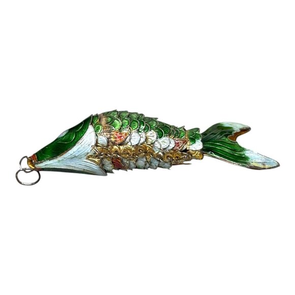 Large 4" Vintage Articulated Cloisonne Enamel Fish Pendant Keychain Green & Gold - Picture 7 of 7